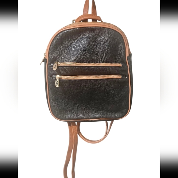 VALENTINA Leather Sling Triple Compartment Bookbag In Black With Tan Trim. - Picture 2 of 16